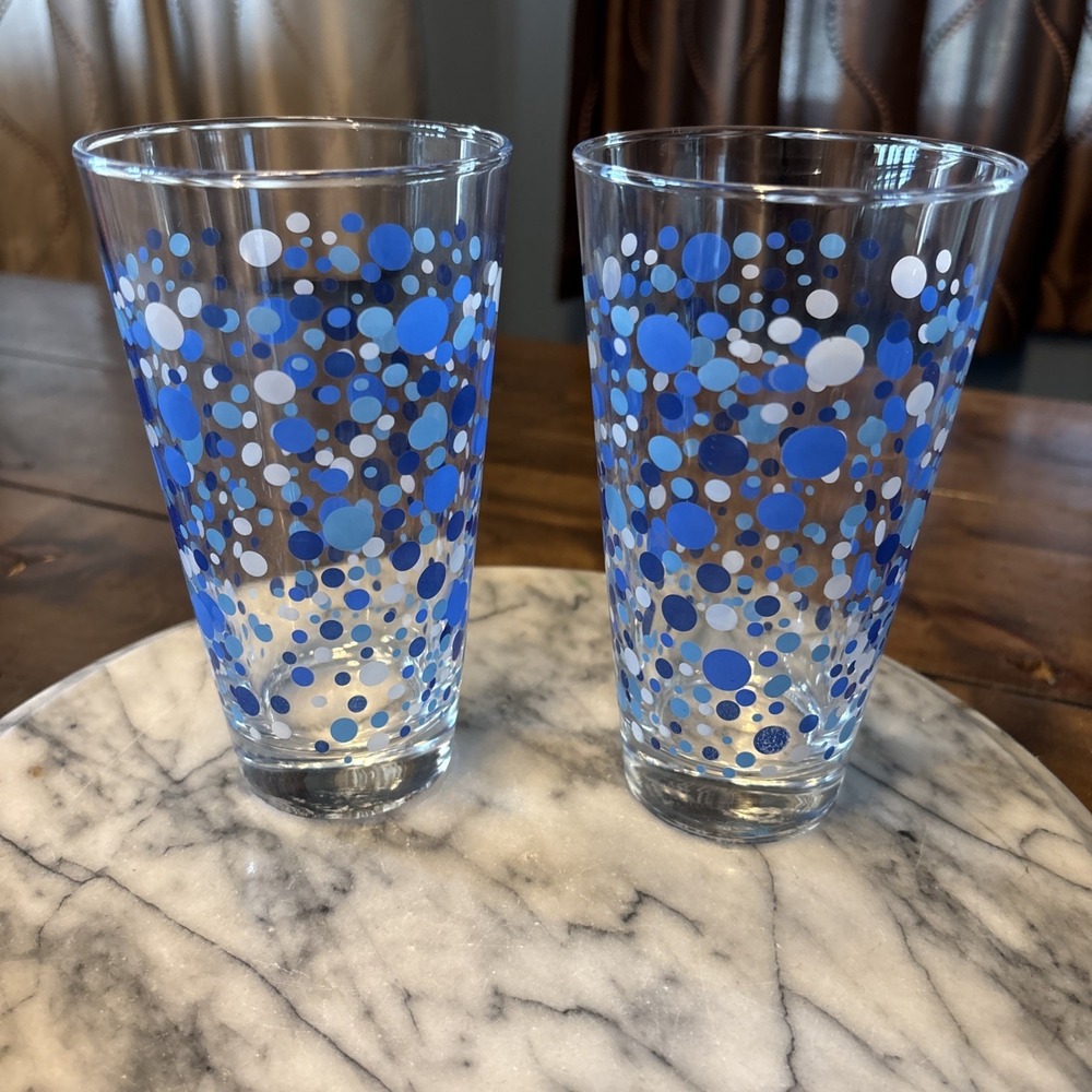 2pc VTG MCM Blue Polka Dot Tumbler Drinking Glasses 16oz